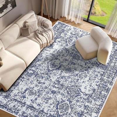 Washable Runner Rug Vintage Hallway Retro Accent Floral Print Distressed Non-Slip Low Pile Kitchen Laundry Bathroom Bedroom