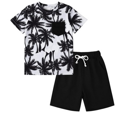 Little Kid Shorts Sets Kids Summer Beach Outfit  Pulm Leaves Pattren Short Sleeve Shirt Top with Shorts Suits