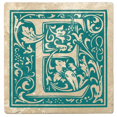 Christmas by Krebs Set of 4 Ivory and Teal Blue Alphabet "E" Square Monogram Coasters 4"