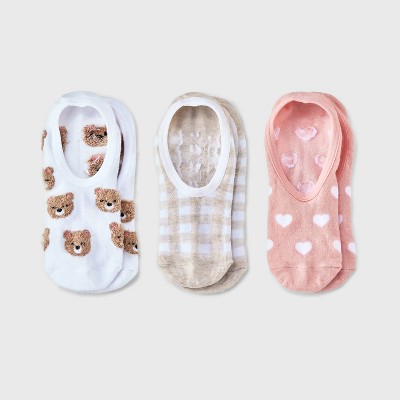 Women's Teddy Bear & Hearts 3pk Liner Socks - Ivory/Oatmeal Heather/Pink 4-10: Knit Midweight, Hidden Gel Heel Grip, Machine Washable