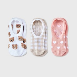 Women's Teddy Bear & Hearts 3pk Liner Socks - Ivory/Oatmeal Heather/Pink 4-10 - 1 of 3