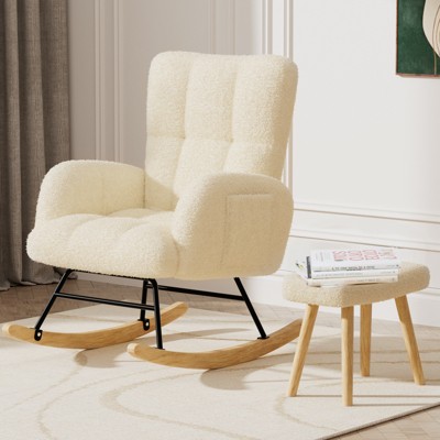 COMHOMA Modern Nursery Rocking Chair, Teddy Upholstered Glider Accent Chair with Side Pockets, High Backrest