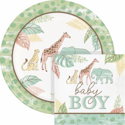 Creative Converting Safari Baby Animal Boys' Birthday Plates and Napkins Set 16ct