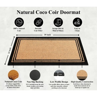A1HC Natural Coir Doormat with Classic Border Heavy Duty PVC Backing Front Door Entry Mat 24" x 39"