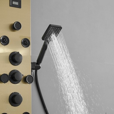 Gold and Black Brass Shower Panel System with Rainfall Shower Head