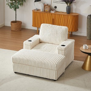 Ridstar Corduroy Single Sofa with Back Cushion, Cup Holder Design & Storage Footstool for Living Room-Beige - 1 of 4