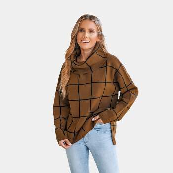 Women's Grid Print Drop Sleeve Turtleneck Sweater - Cupshe