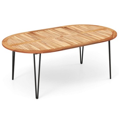 Tangkula 79" Patio Dining Table w/ Umbrella Hole Acacia Wood Tabletop & Sturdy Metal Legs
