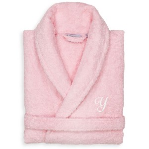 Linum Home Textiles 100% Turkish Cotton Unisex Personalized Terry Bathrobe Pink in White Script Font - 1 of 2