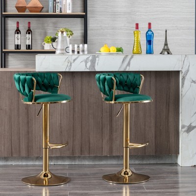SKRAN Velvet Swivel Bar Stool Set of 2 Adjustable 360° Swivel Bar Height Chair Woven Hollow Back For Kitchen Island, Cafe, Pub, Bar Counter