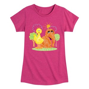 Girls' - Sesame Street - Scribble Big Bird Snuffleupagus Fitted Short Sleeve Graphic T-Shirt - 1 of 4