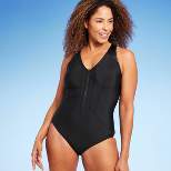 Women's UPF 50 V-Neck Zip-Front Faux Leather Accent One Piece Swimsuit - Aqua Green® Black
