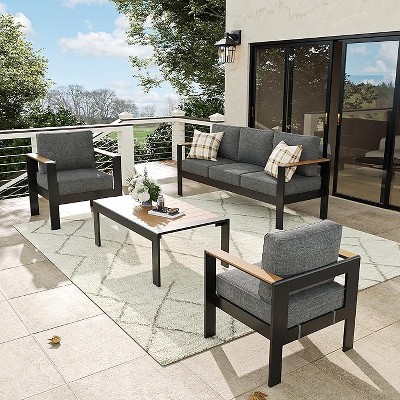 LayinSun 4 Pieces Aluminum Outdoor Patio Furniture Set with Coffee Table, Outside Metal Patio Conversation Sets with Deep Seating and Thick Cushions