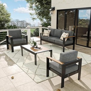 LayinSun 4 Pieces Aluminum Outdoor Patio Furniture Set with Coffee Table, Outside Metal Patio Conversation Sets with Deep Seating and Thick Cushions - 1 of 4