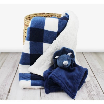 Lila and Jack Navy and White Gingham Print Fleece Kids' Throw with Navy Dino Lovey