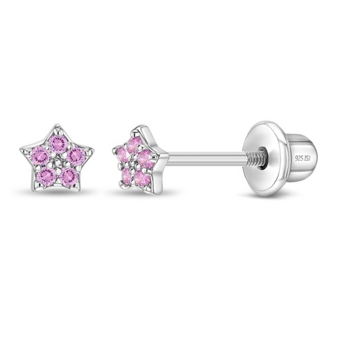 Pink Flower Sterling Silver Baby Children Screw Back Earrings