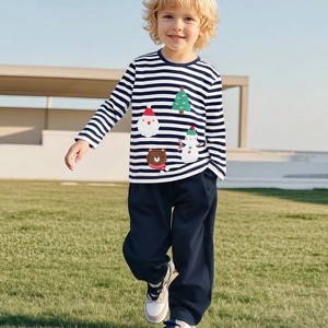 MyKids-Usa Spring and Autumn Boys Christmas Cartoon Pattern Long Sleeves Striped Sweatshirt and Pants Clothing Set - 1 of 4