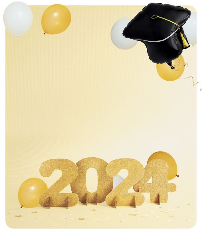 2024 table sign with an animation of gold and white balloons falling while a balloon of a graduation cap is floating to the top. Also features wall decor balloons that say Class of 2024, a series of gold cutlery and custom 2024  chocolates. 