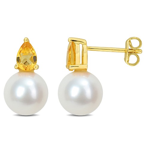 Everly Jewelry Yellow Plated Sterling Silver 3 4 Ct Tgw Citrine 8.5 9 Mm Cultured Freshwater Pearl Fashion Post Earrings Target