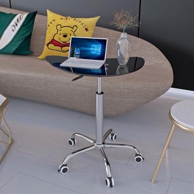 Adjustable Height Tempered Glass Table With 5 Lockable 360° Swivel Casters, Laptop Cart Computer Workstation