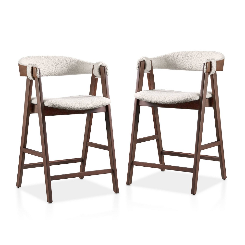 HOMES: Inside + Out Set of 2 Pearlcrest Mid-Century Modern Boucle Upholstered Counter Height Barstool Chairs Walnut