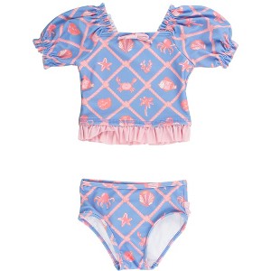 RuffleButts Girls UPF50+ Puff Sleeve Ruffle Tankini 2-Piece Swimsuit - Tropical Trellis, 8 - 1 of 4