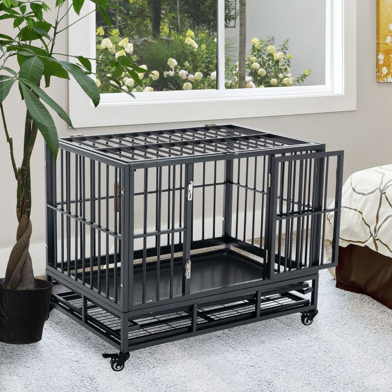 PawHut Heavy Duty Dog Crate Dog cage Kennel with Lockable Wheels, Double Door and Removable Tray, Grey, 3 of 9