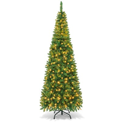 Tangkula 7.5ft Pencil Christmas Tree Pre-Lit Hinged Artificial Decoration w/ 350 Warm White Lights