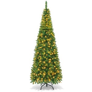 Tangkula 4.5/6.5/7.5ft Pencil Christmas Tree Pre-Lit Hinged Artificial Decoration w/ 250 Warm White Lights - 1 of 4