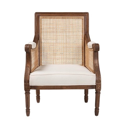 Beige Fabric and Walnut Wood Swoop Arm Accent Chair