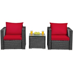 Costway 3PCS Patio Rattan Wicker Furniture Set Sofa Table W/Cushion Yard Red\Turquoise\ Navy\Black - 1 of 4