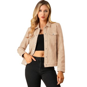 INSPIRE CHIC Women's Turn-Down Collar Flap Pockets Snap Button Faux Suede Jacket - 1 of 4