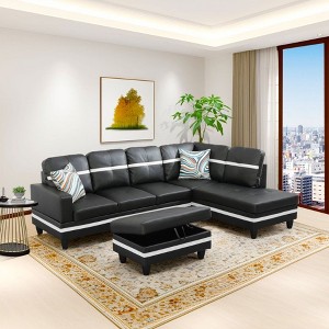Modern Elegance Black & White Semi-PU Leather Sectional Sofa Set - L-Shaped Design, Thick Padding, Matching Ottoman - 1 of 4