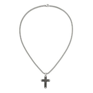 Chisel Stainless Steel with Cubic Zirconia and Black Carbon Fiber Inlay Cross Pendant on a 22" Box Chain Necklace - 1 of 4