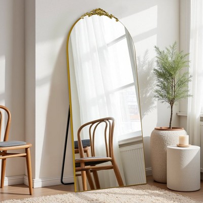 Arched Full Length Mirror, 71"x31" Floor Mirror with Stand, Tempered Full Body Mirror and Removable Wood Art Carving for Bedroom Living Room, Glod