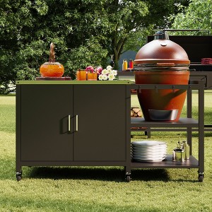Famapy Outdoor Dining Tables BBQ Grill Table with Storage Cabinet, Black Steel Frame Bar Cart Kitchen Table - 1 of 4