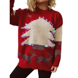 Coolmee Women's Christmas Sweaters Casual Sequined Lightweight Crew Neck Long Sleeve Knit Top Loose Fit Jacquard Pullover M Red - 1 of 4