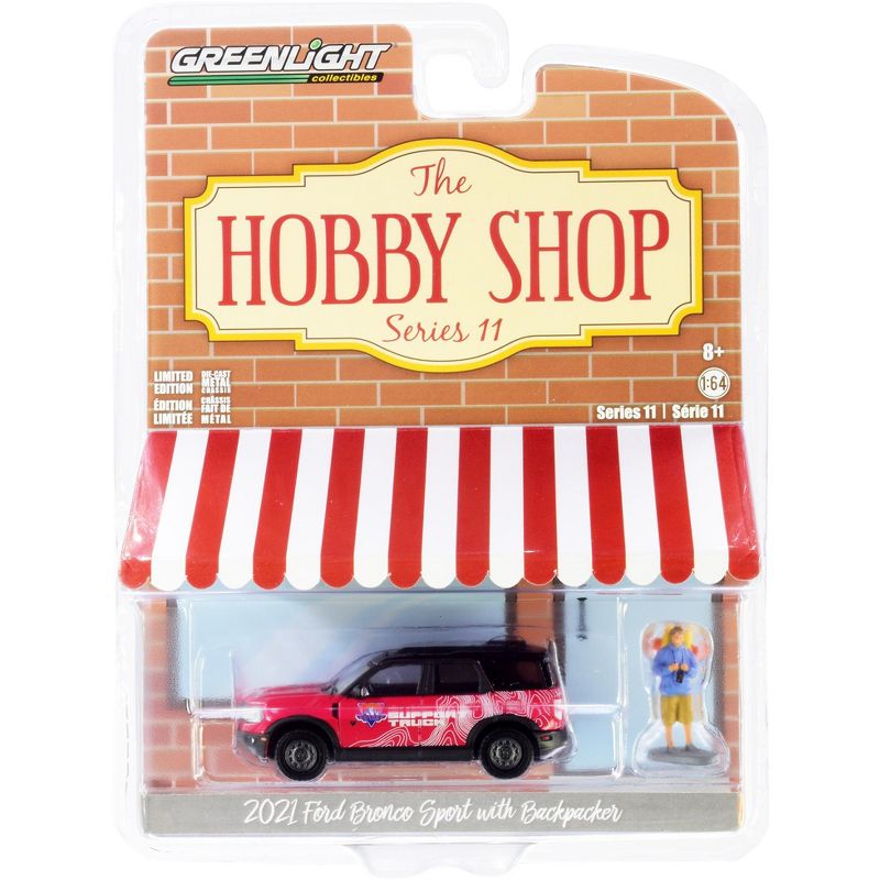 2021 Ford Bronco Sport Pink & Black "Off-Roadeo Adventure Support Truck" w/ Backpacker Figurine 1/64 Diecast Car by Greenlight, 3 of 4