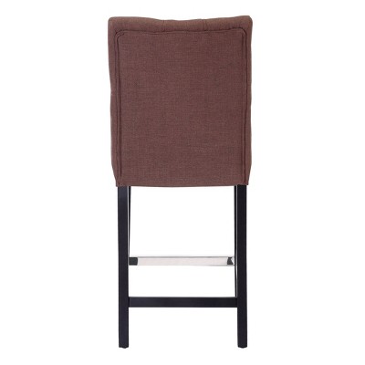 Brown Linen Upholstered Button Tufted Counter Stool with Wood Legs