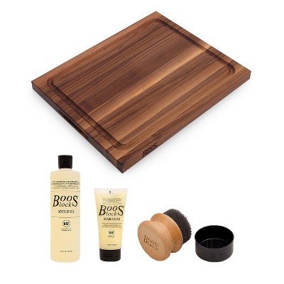 John Boos Walnut Wood 21 Inch Reversible Carving Cutting Board with Au Jus/Juice Edge Groove and 3 Piece Wood Cutting Board Care and Maintenance Set