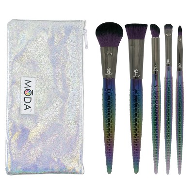MODA Brush Mythical 6pc Dark Dragon Makeup Brush Set with Holographic Zip Case, Includes - Powder, Contour, Angle Shader, and Precision Lip Brushes