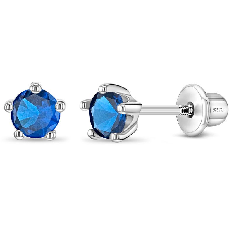 Girl's Classic CZ Birthstone Solitaire Screw Back Sterling Silver Earrings - In Season Jewelry, 1 of 8