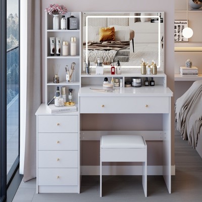 VYNXARIA 41" Large Size Left Bedside Cabinet Vanity Table&Cushioned Stool,Multi Layer High Capacity Storage, Suitable For Large Space,White
