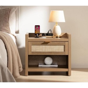 Mid-Century Modern Wicker Nightstand, Boho Bedside Table with Type-c Charging Station, 1 Drawer & Open Compartment for Bedroom - 1 of 4