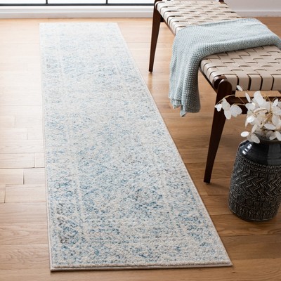 Ivory and Turquoise Geometric Hand-Knotted Runner Rug
