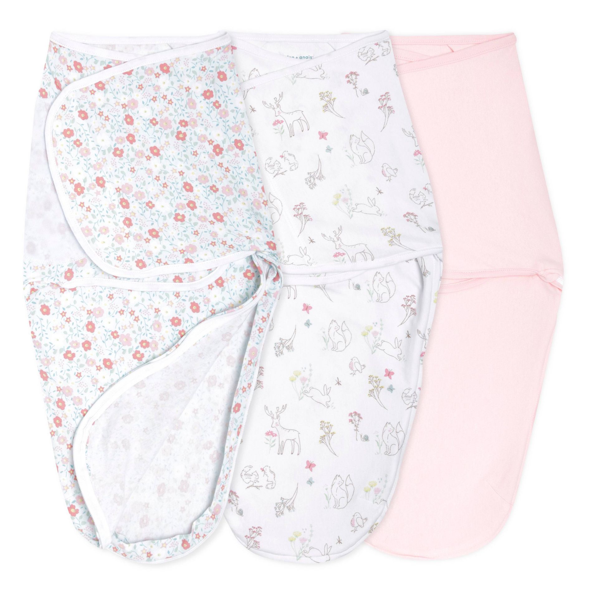 aden + anais essential Easy Swaddle Wrap Quick Change - Zipper - Fairytale Flowers - 0-3 Months - 3pk