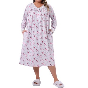 Women's Plus Size Floral V Neck Long Sleeve Lace Trim Buttons Sleepwear Soft Full Nightdress Nightgown with Pocket - Agnes Orinda - 1 of 4