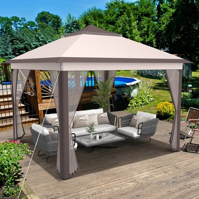 Beige and Brown 11'x11' 2-Tier Pop-Up Gazebo Tent with Mesh
