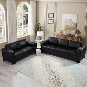 2-pieces PU Leather Upholstered Sofa Set with Square Arms, Cup Holders, and Hidden Storage, - 1 of 4