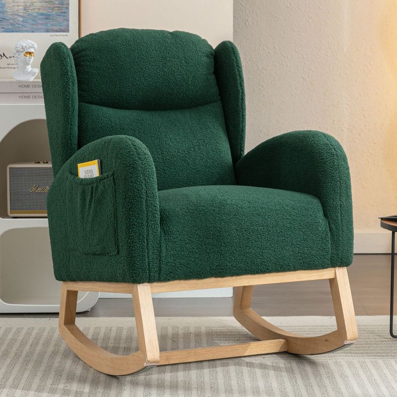Christie Teddy Fabric Rocking Chair With with Two Side Pockets,Nursery Chair With Solid Wood for Living and Bedroom-Maison Boucle, 1 of 8